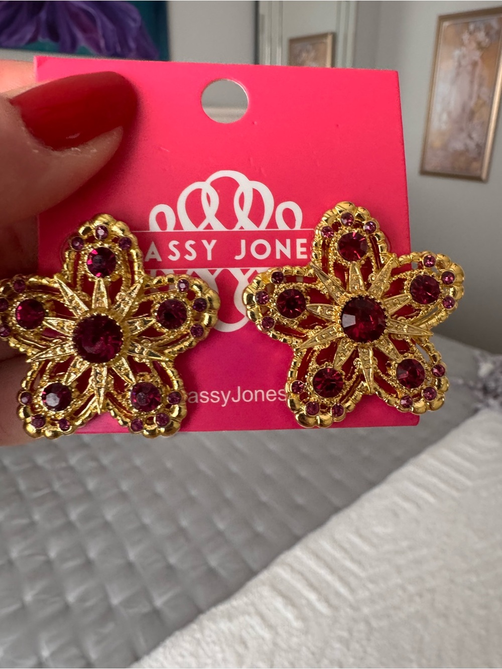 Sassy Jones Gold Floral Earrings with Deep Red and pink Crystals